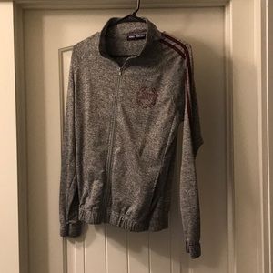 Grey zip up with maroon strips and love